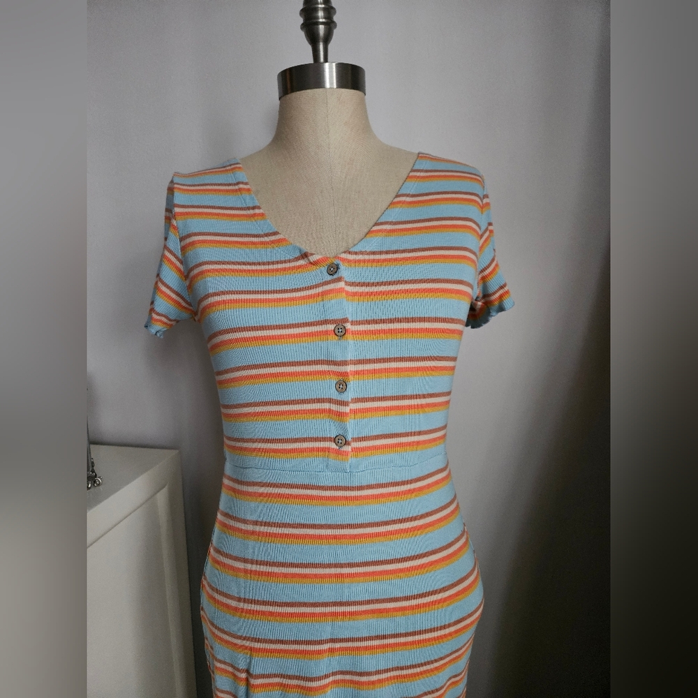ROXY "Bring It On" Striped Short Sleeve Ribbed Bodycon Dress | SZ M - Picture 7 of 9